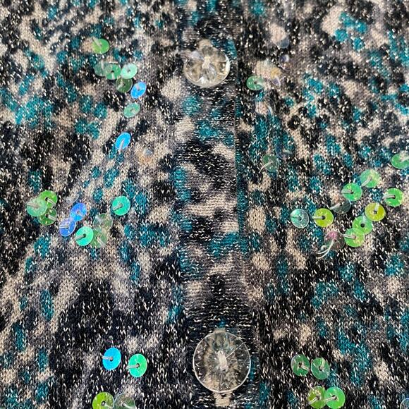 Dana Buchman Wm LS Button Front Blue Gray Animal Print Cardigan Sequins Size S - Picture 6 of 9